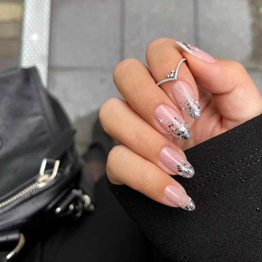 silver glitter french manicure