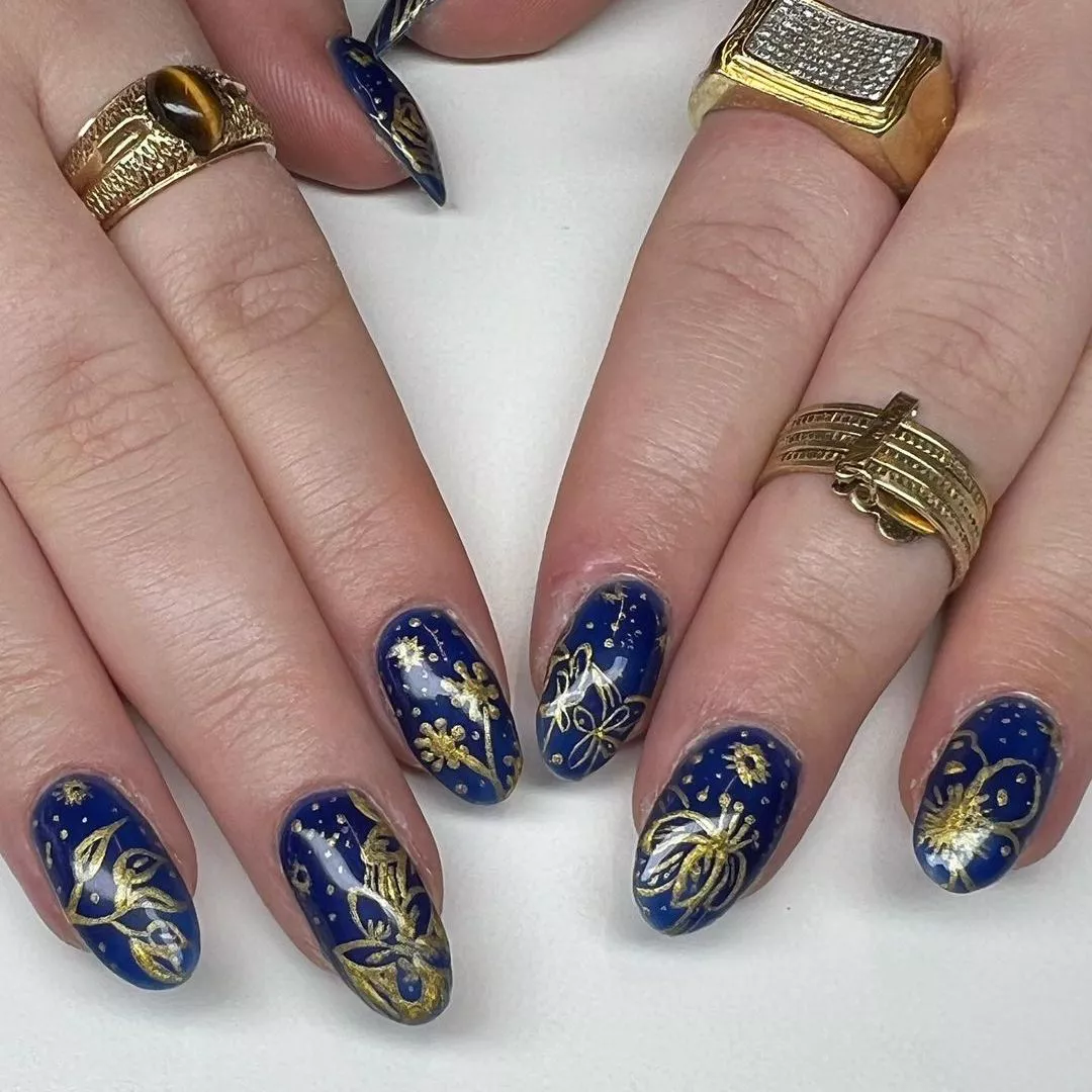 blue and gold floral nails