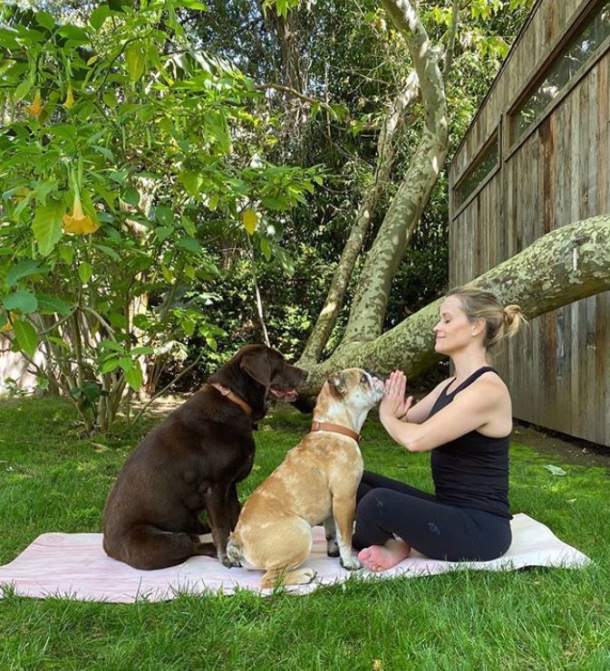 Reese Witherspoon was joined by some furry friends during a backyard yoga session on May 15, 2020.