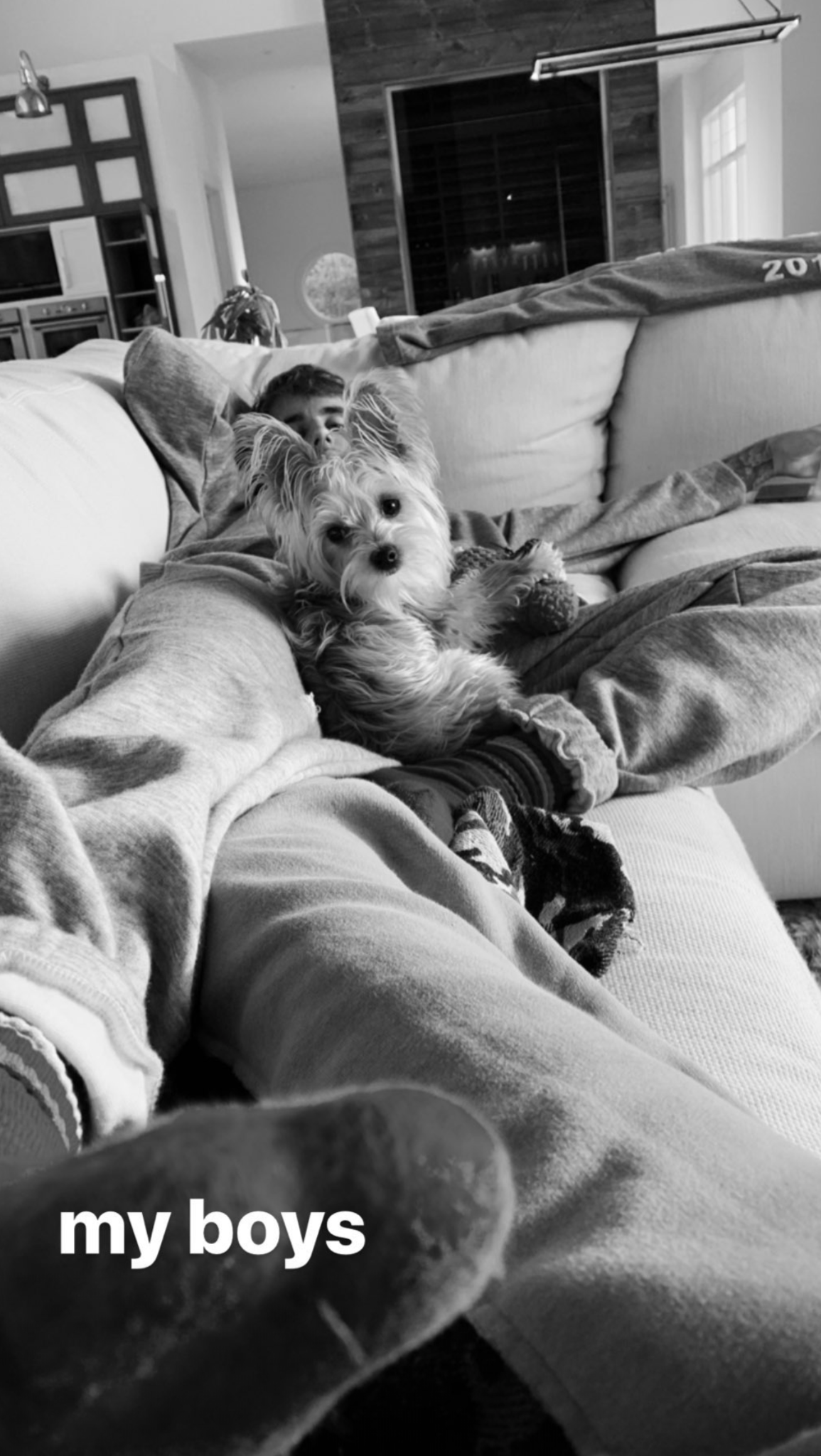 Hailey Bieber shared a sweet pic of hubby Justin and their dog Oscar cuddling on the couch over the weekend on Instagram. She captions the cute moment: