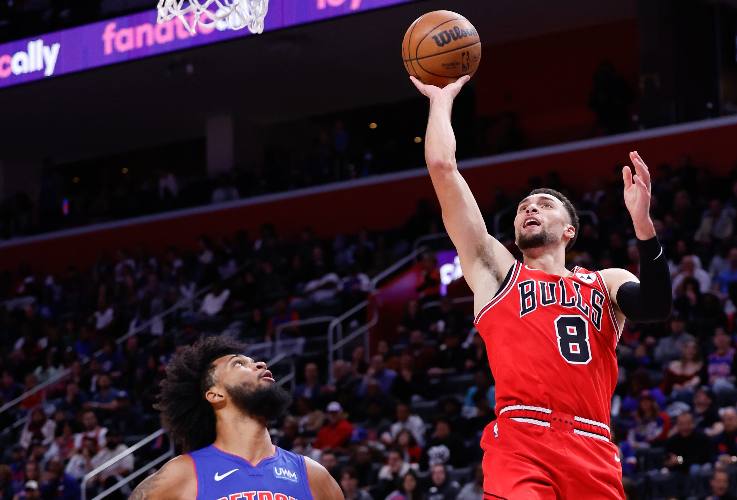 Oct. 28: Chicago Bulls guard Zach LaVine (8) shoots on Detroit Pistons forward Marvin Bagley III (35). LaVine finished with 51 points.