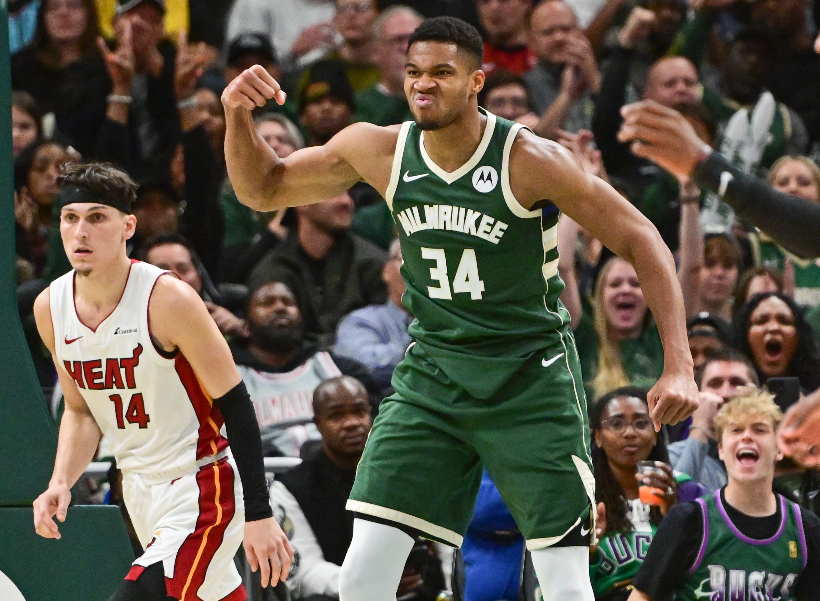 Oct. 30: The Milwaukee Bucks' Giannis Antetokounmpo reacts after scoring a basket against the Miami Heat at Fiserv Forum. The Bucks won the game, 122-114.