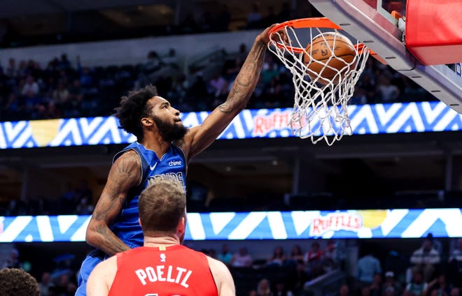 Nov. 8: Dallas Mavericks forward Derrick Jones Jr. dunks against the Toronto Raptors.