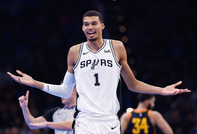 Nov. 14: San Antonio Spurs center Victor Wembanyama reacts after receiving a technical during the second quarter against the Oklahoma City Thunder.