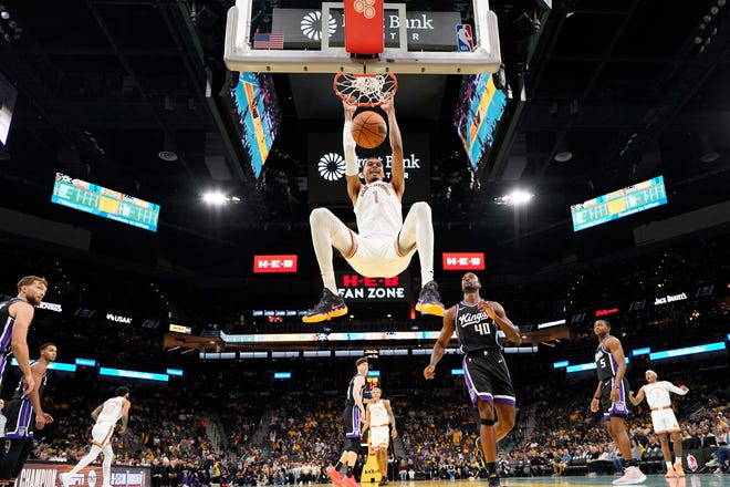 Nov. 17: San Antonio Spurs forward Victor Wembanyama dunks during the first half against the Sacramento Kings.