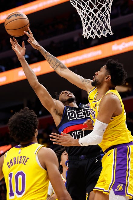 Nov. 29: The Los Angeles Lakers' Christian Wood (35) blocks a shot by the Detroit Pistons' Stanley Umude (17) in the second half at Little Caesars Arena.