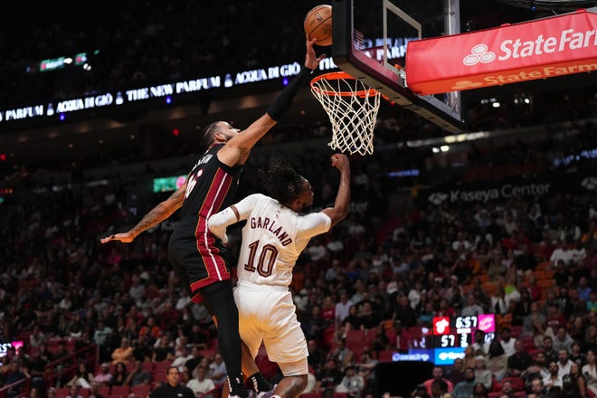 Dec. 8: Miami Heat forward Caleb Martin blocks the shot of Cleveland Cavaliers guard Darius Garland (10).