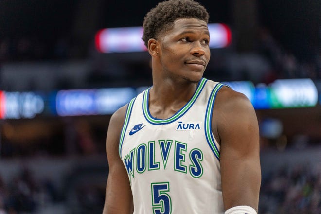 Minnesota Timberwolves guard Anthony Edwards (5) during a break in the action in the fourth quarter against the Indiana Pacers at Target Center.