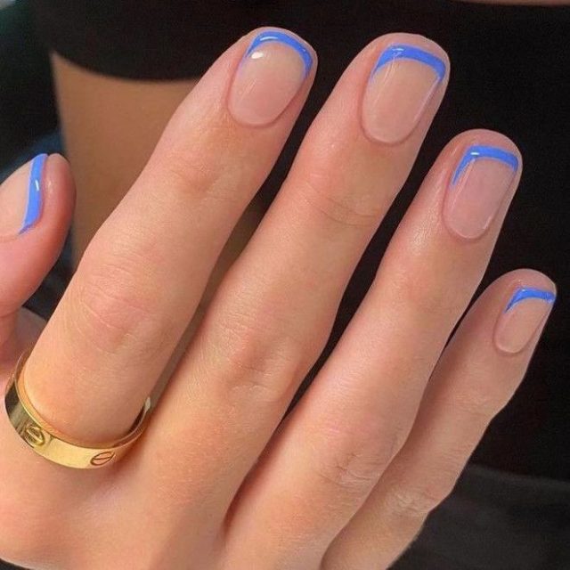 blue French tip short nail design