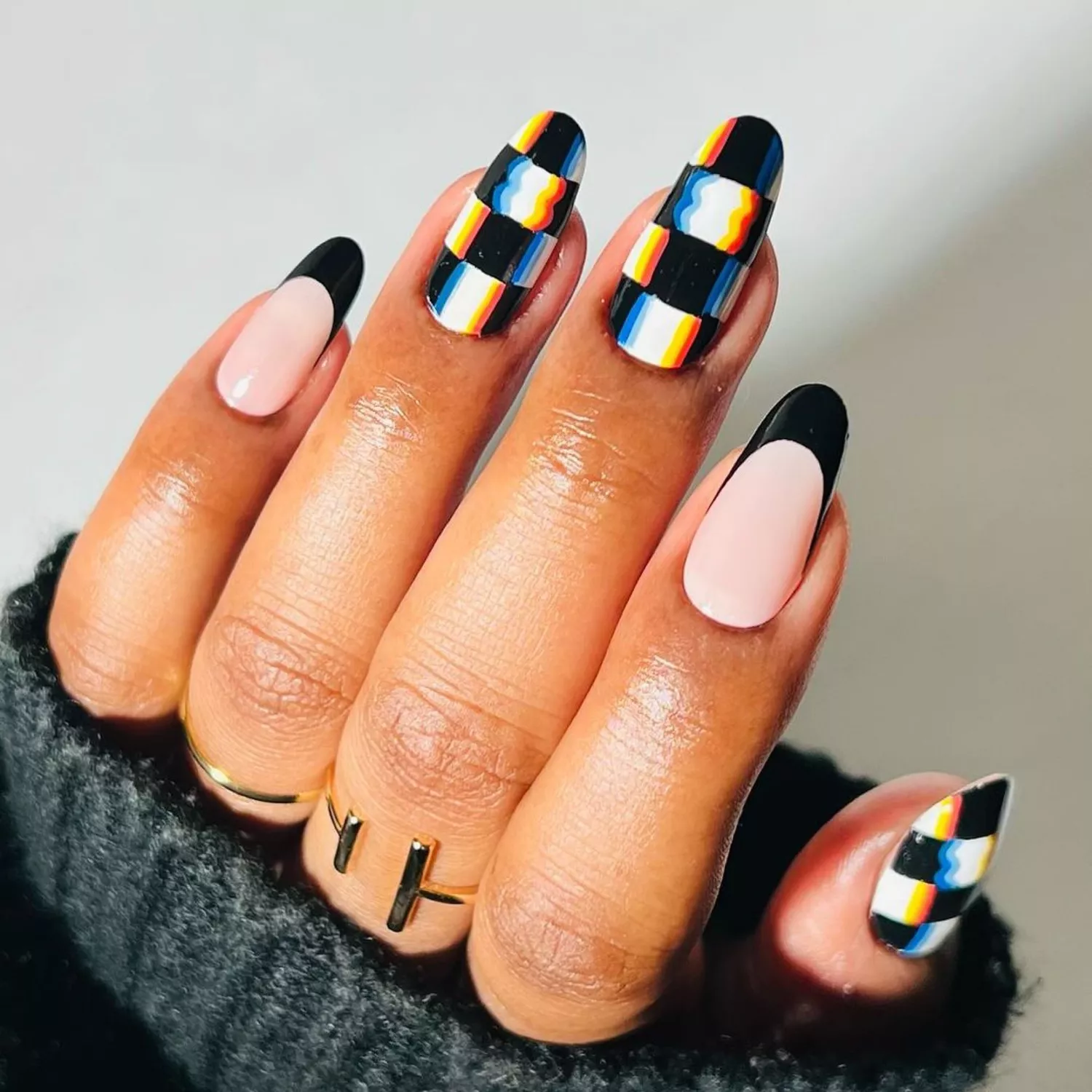 black glitch checkered nails on round tips