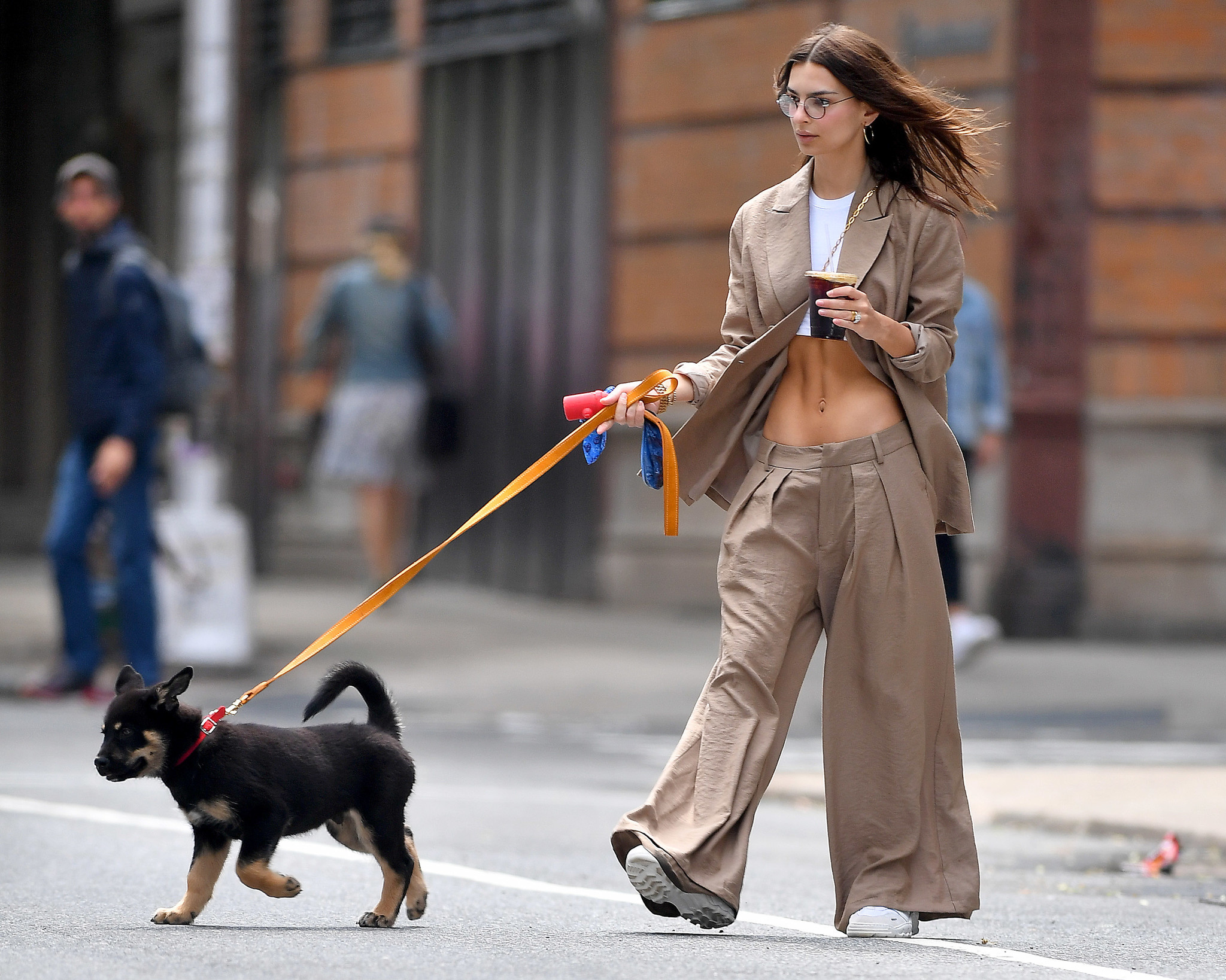 Emily Ratajkowski and her puppy Colombo go for a walk in New York City on Monday, June 3, 2019.