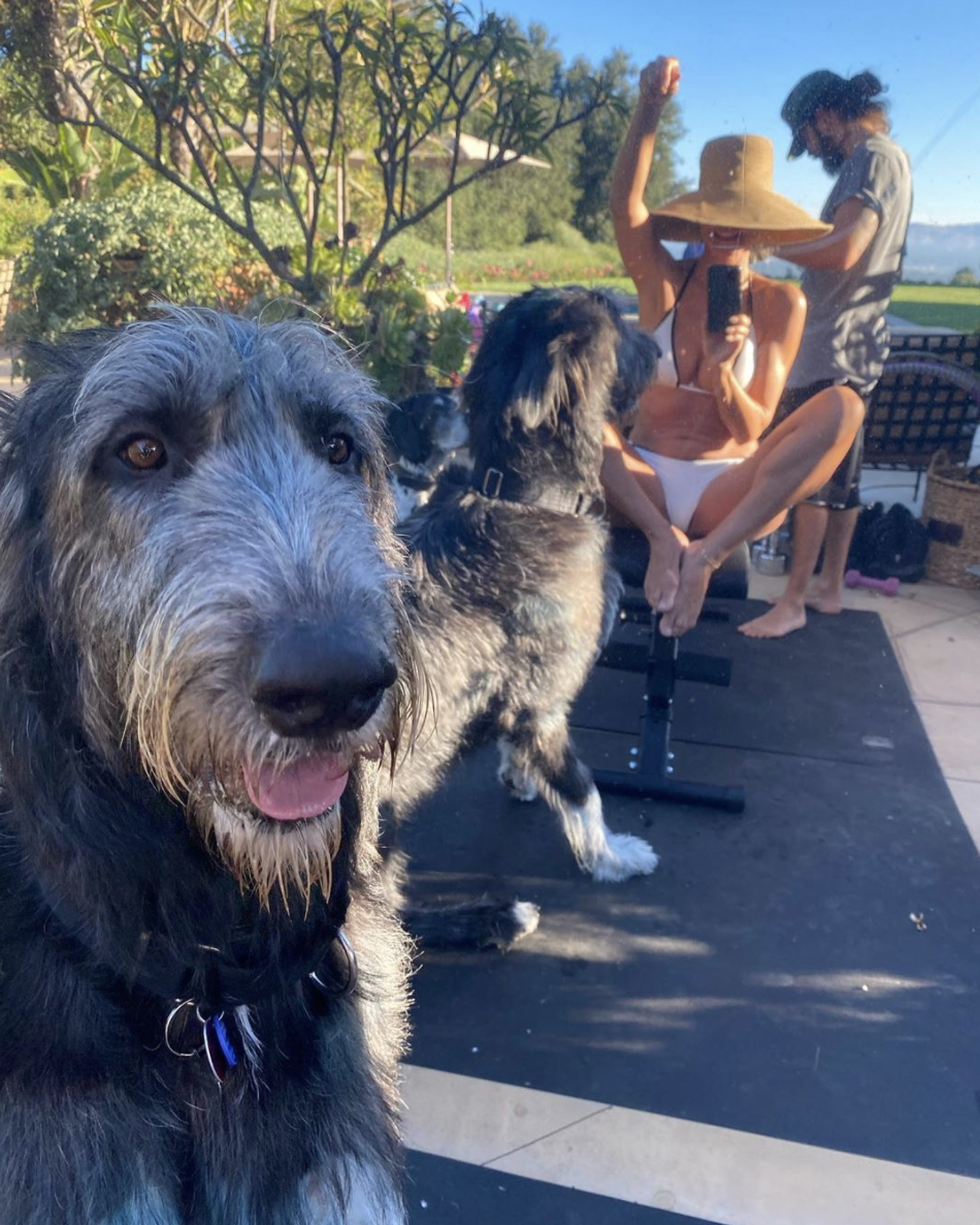 Heidi Klum tricks her puppy Anton into an adorable photo with the help of some treats on Sunday, Aug. 30, 2020.