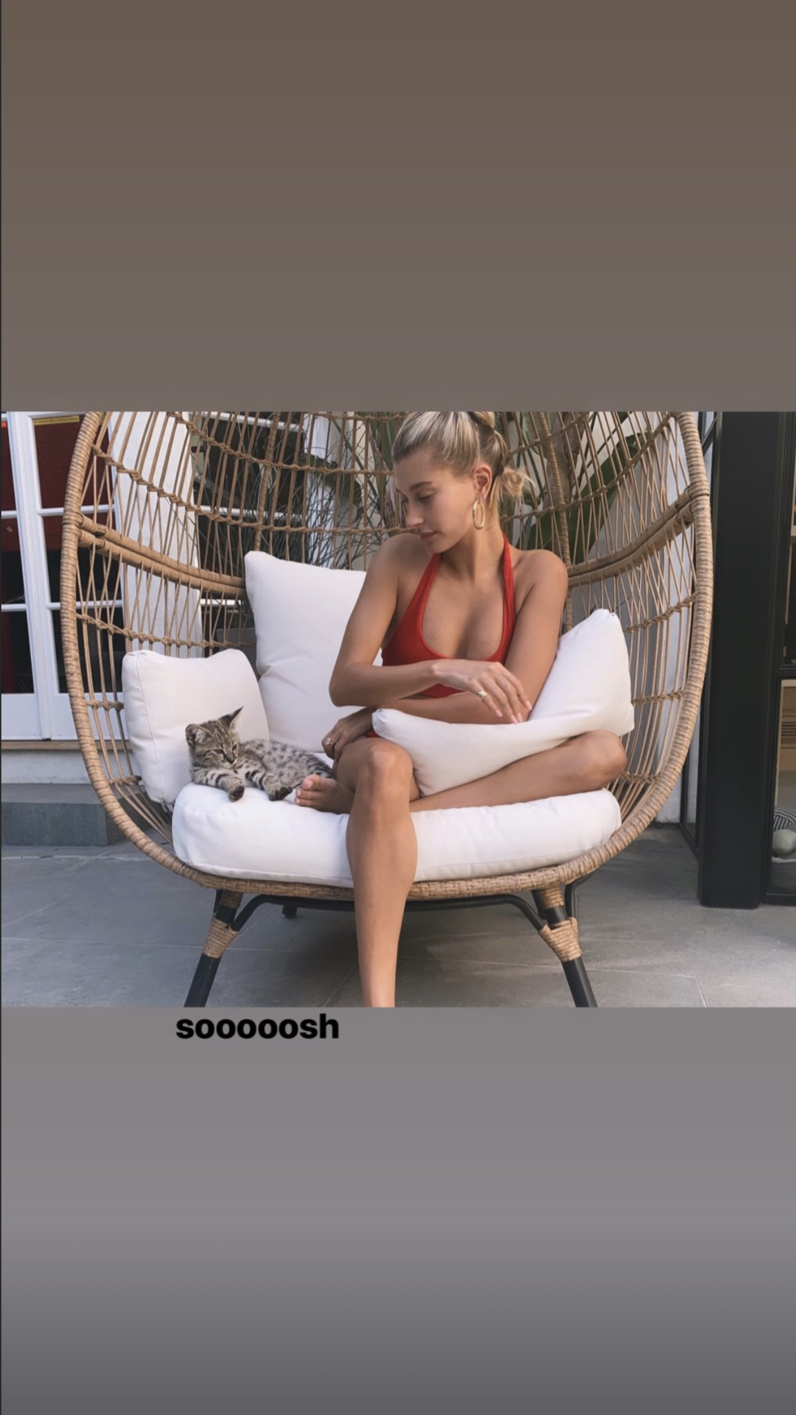 Hailey Bieber wore a red bikini while hanging out with Sushi, the new kitten Hailey and Justin Bieber recently got.