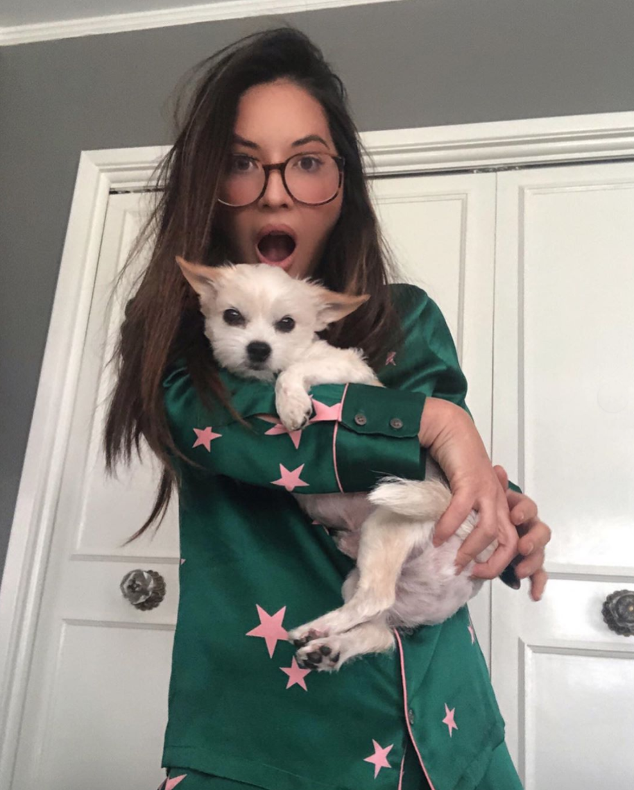 Actress Olivia Munn compared her dog Frankie to a beloved Disney character with a cute photo on Tuesday, April 14, 2020.