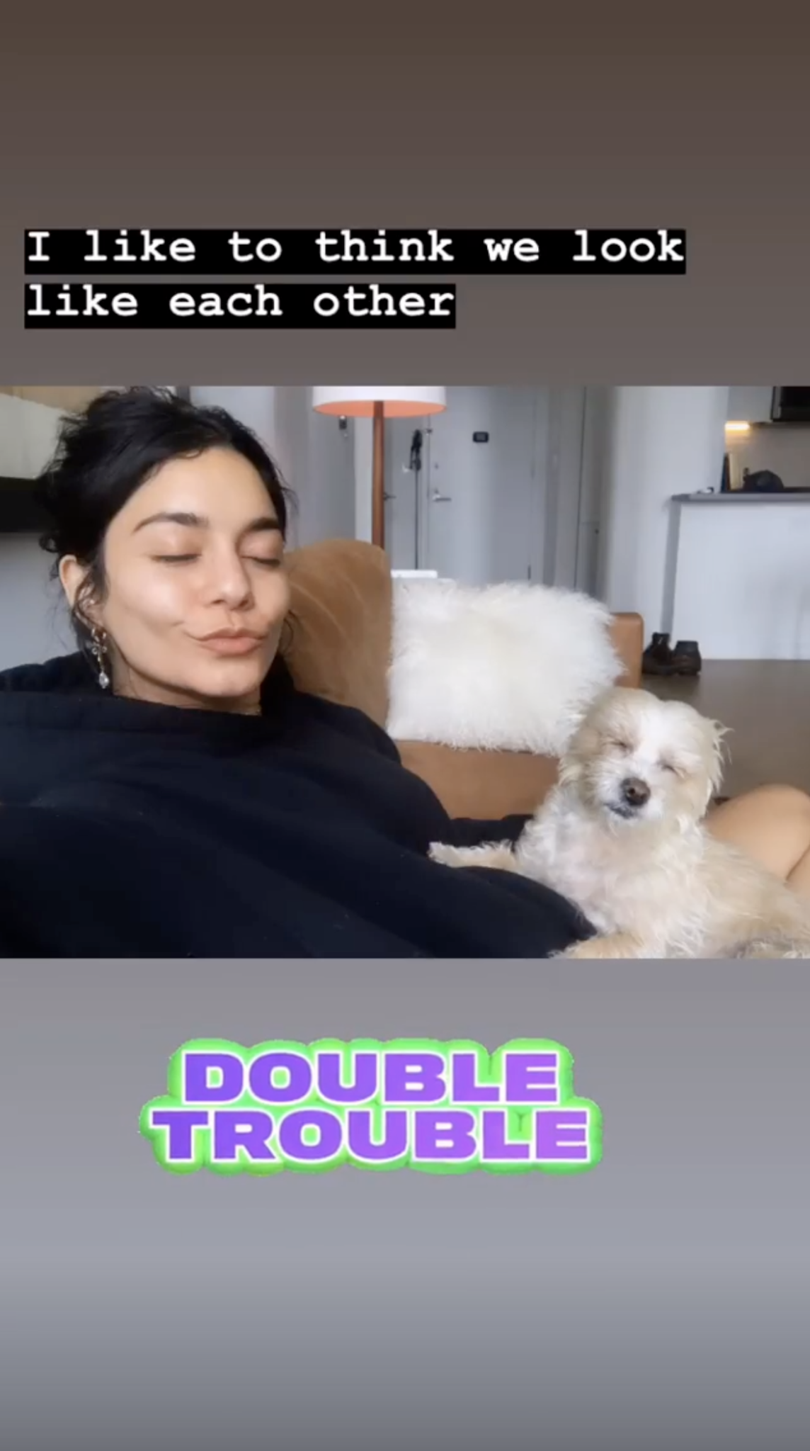 It might be true what they say...dogs look like their owners. Vanessa Hudgens is twinning with her dog Darla, captioning the adorable pic: