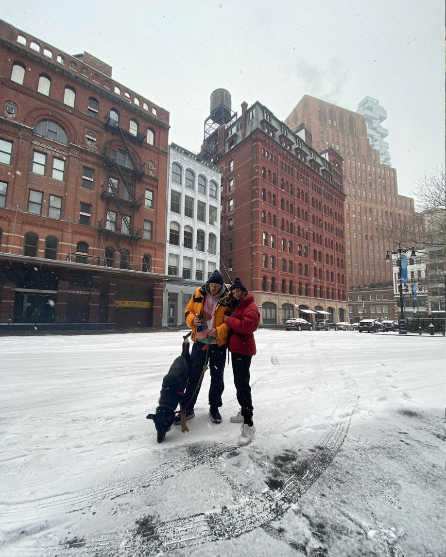 Model Emily Ratajkowski and husband Sebastian Bear-McClard take their pup Colombo out during his first snow day in New York City on Saturday, Jan. 18, 2020.