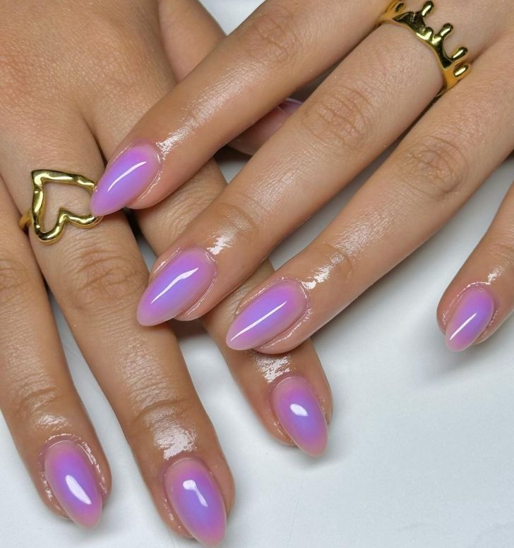 almond shaped pink and purple aura nails design