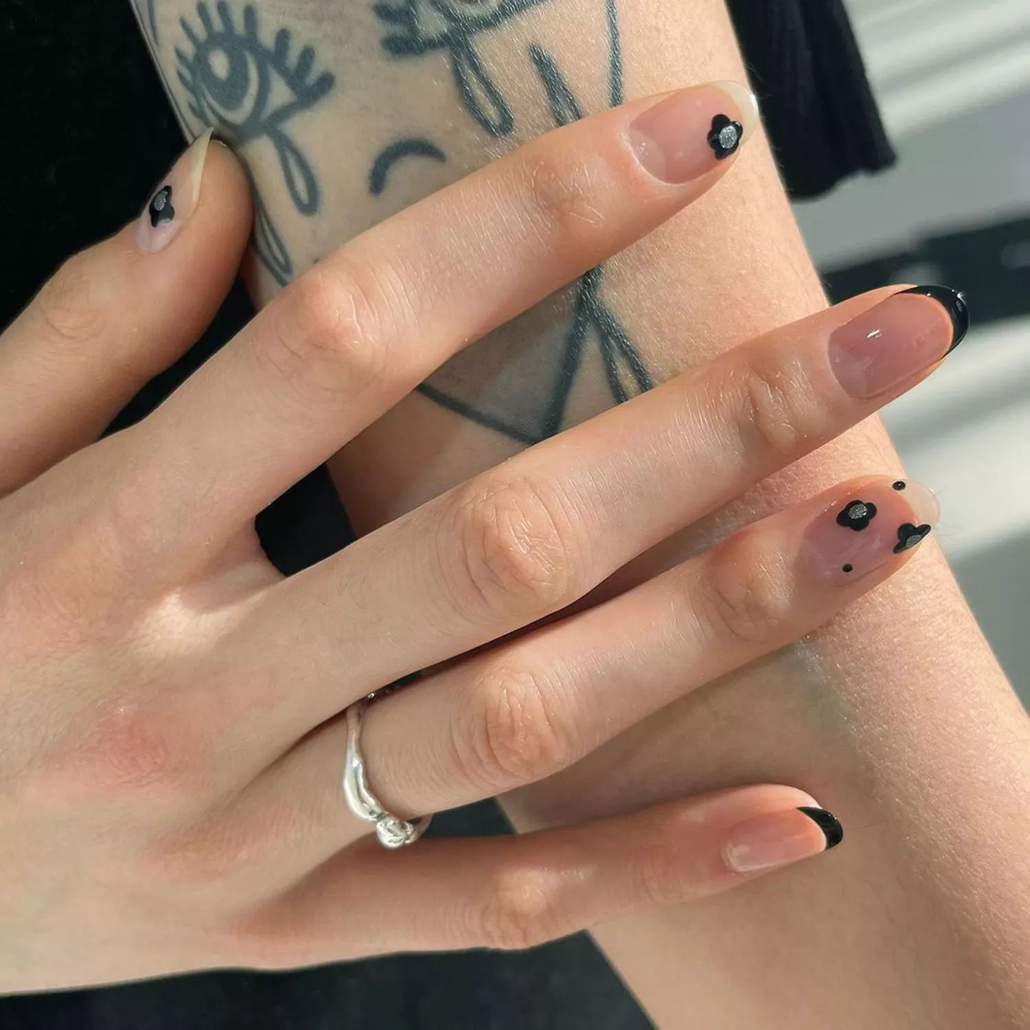 minimal floral and french black nail designs