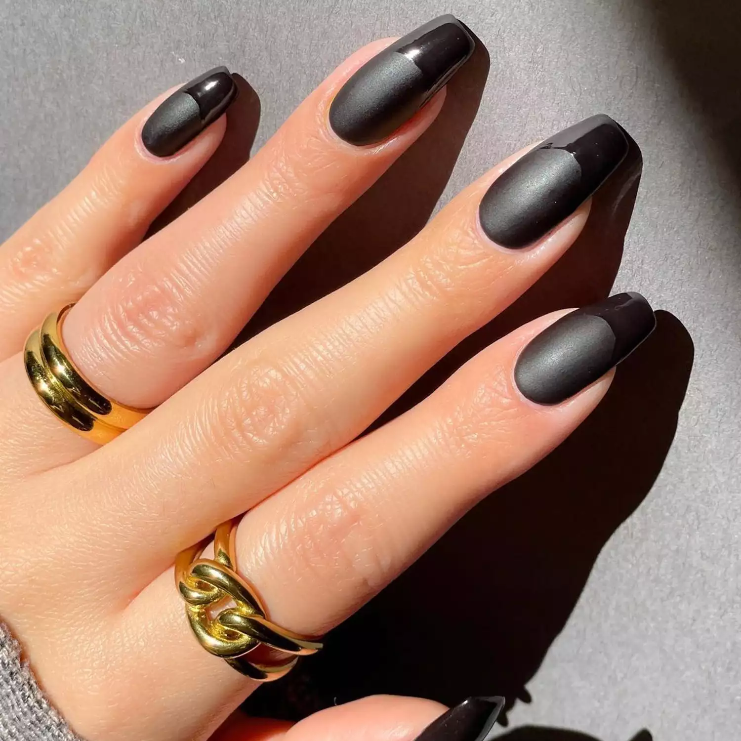 Dual-Finish Black French Tips - Byrdie Black Nail Designs