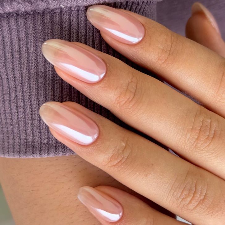 classy almond glazed chrome simple wedding nails for bride