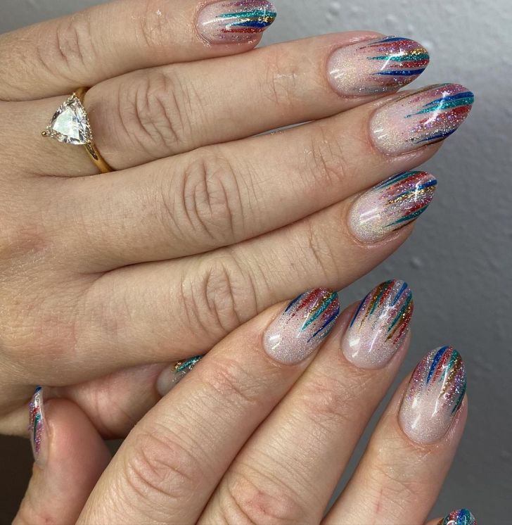 cute rainbow glitter striped new years nails