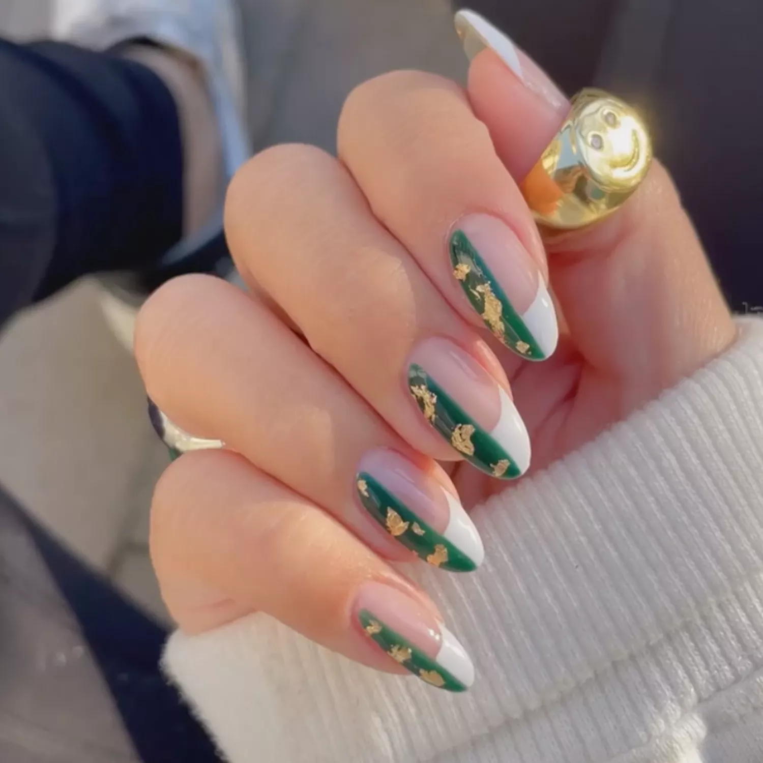 evergreen and white nails with gold foil