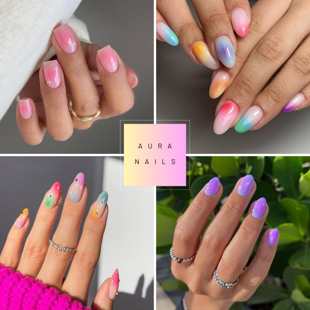 examples of unique aura nails with pink purple and rainbow designs in square and almond shapes