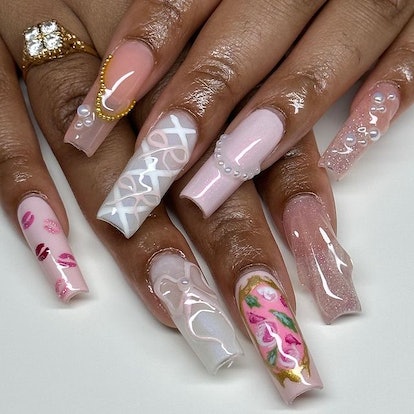 Ribbon nails with embellishments.