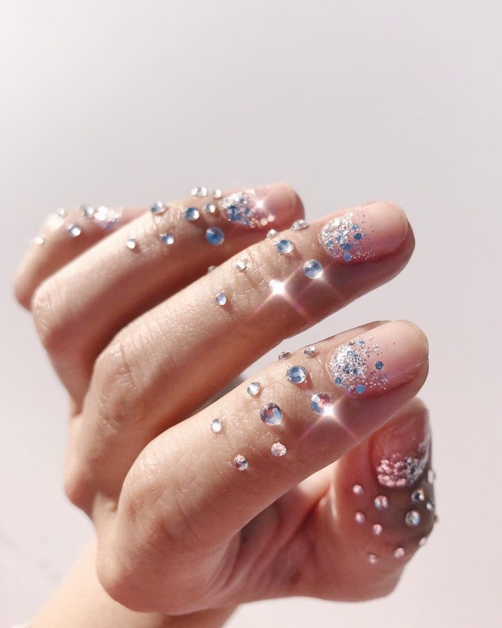 bridal ombre wedding nails with a glittering jewel dotted design