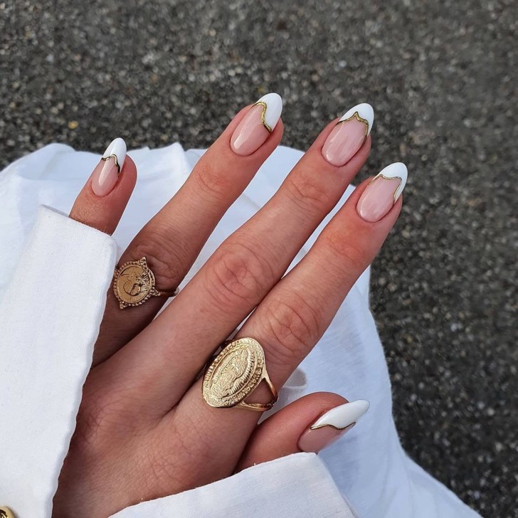 gold lined French manicure inspired classy wedding nails