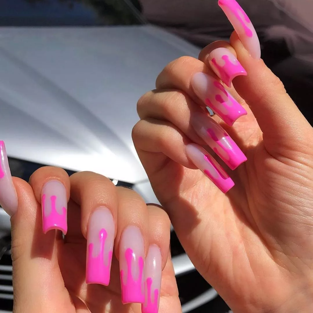 Kylie Jenner Pink Paint Drip Nails