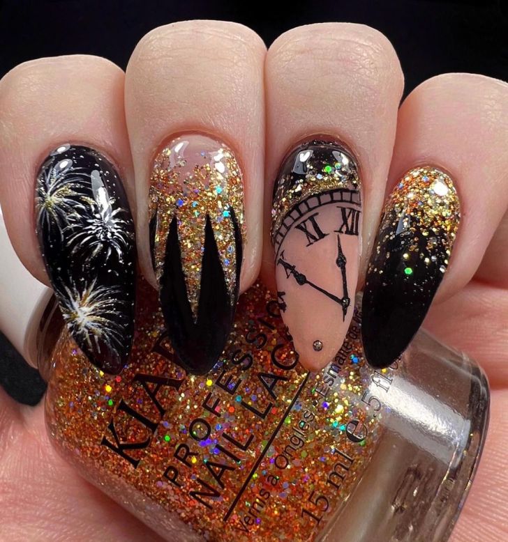 long black and gold new years nails with firework and NYE coundown clcok themed nail art