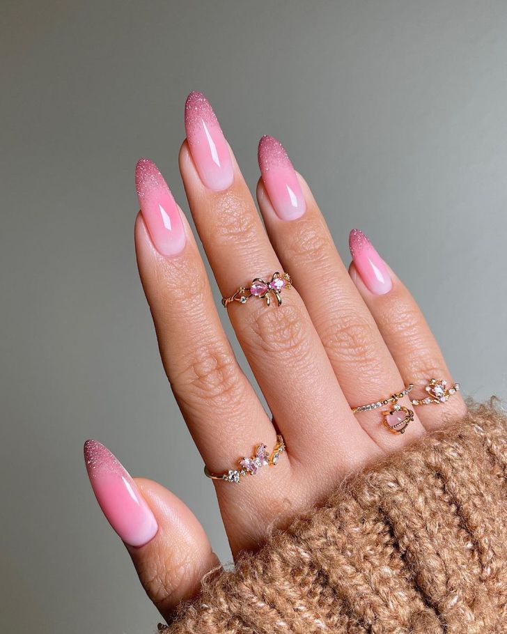 long ombre pink glitter new years nails