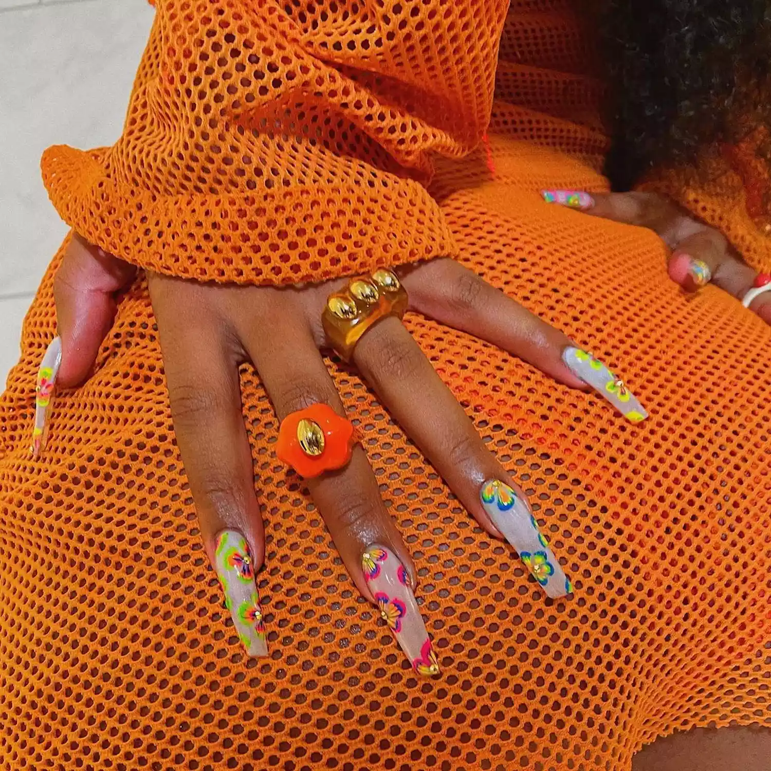 floral nails on megan thee stallion