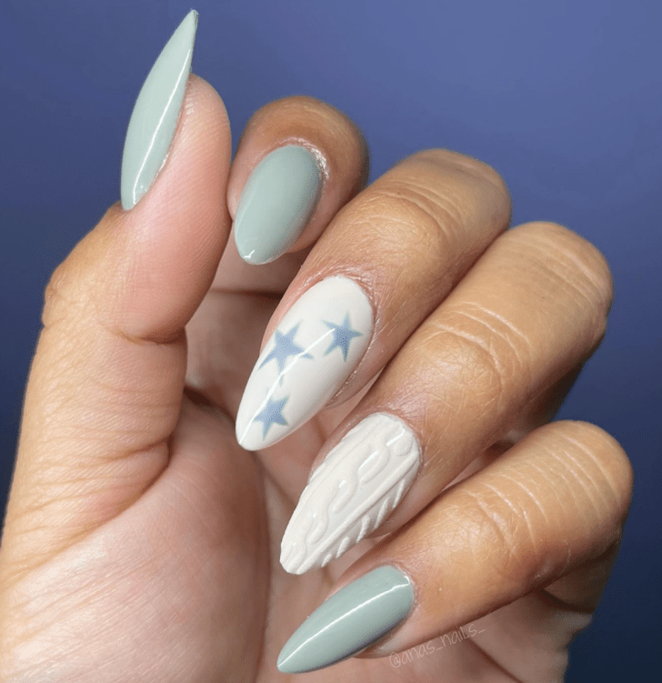 mismatched white Taylor Swift nails with star and textured sweater design inspired by the Cardigan song on the Folklore album of the Eras Tour