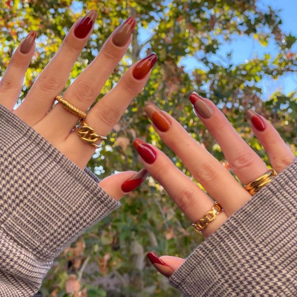 multi colored foliage inspired long french tip manicure