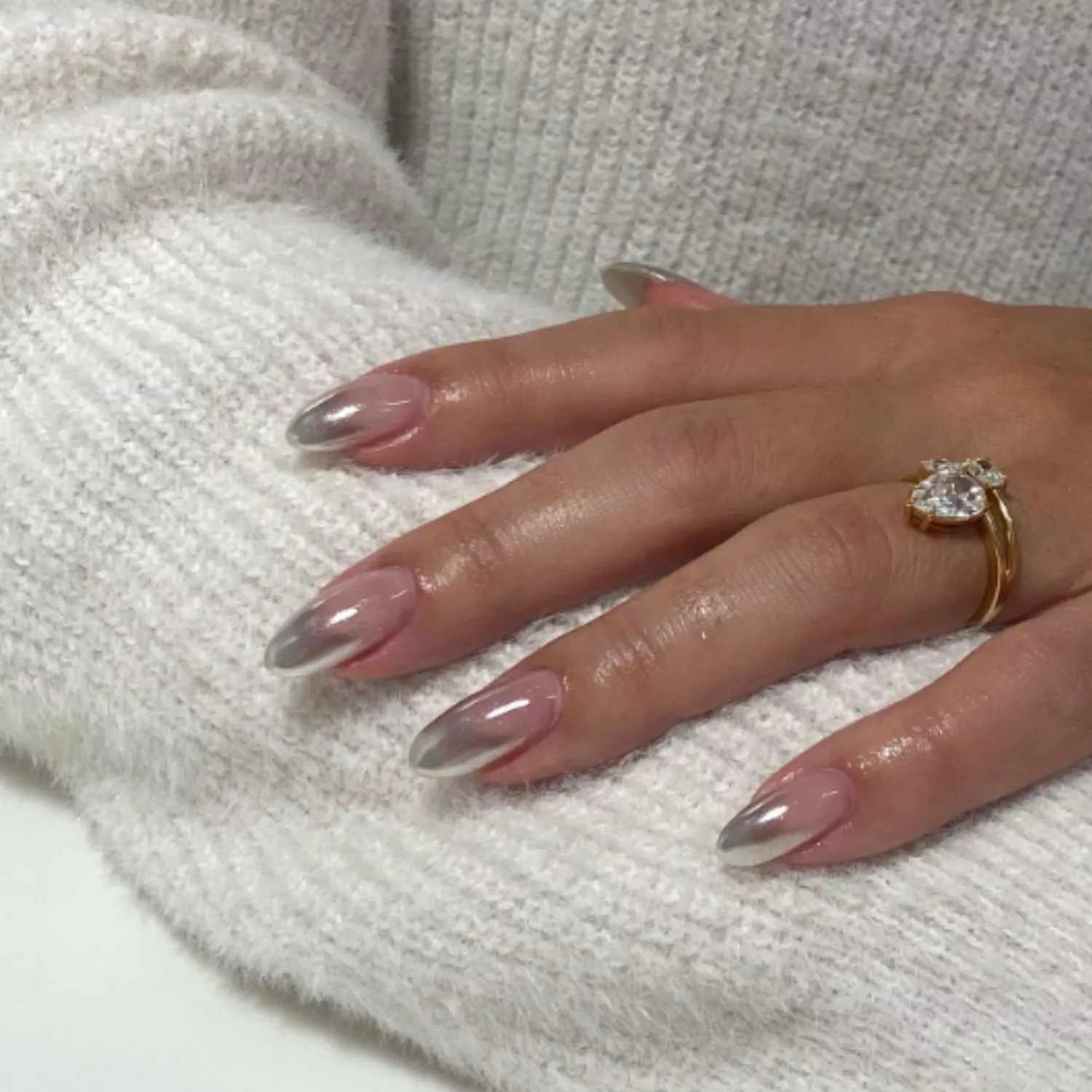 Frosted tip mani in shades of pink-neutral and silver