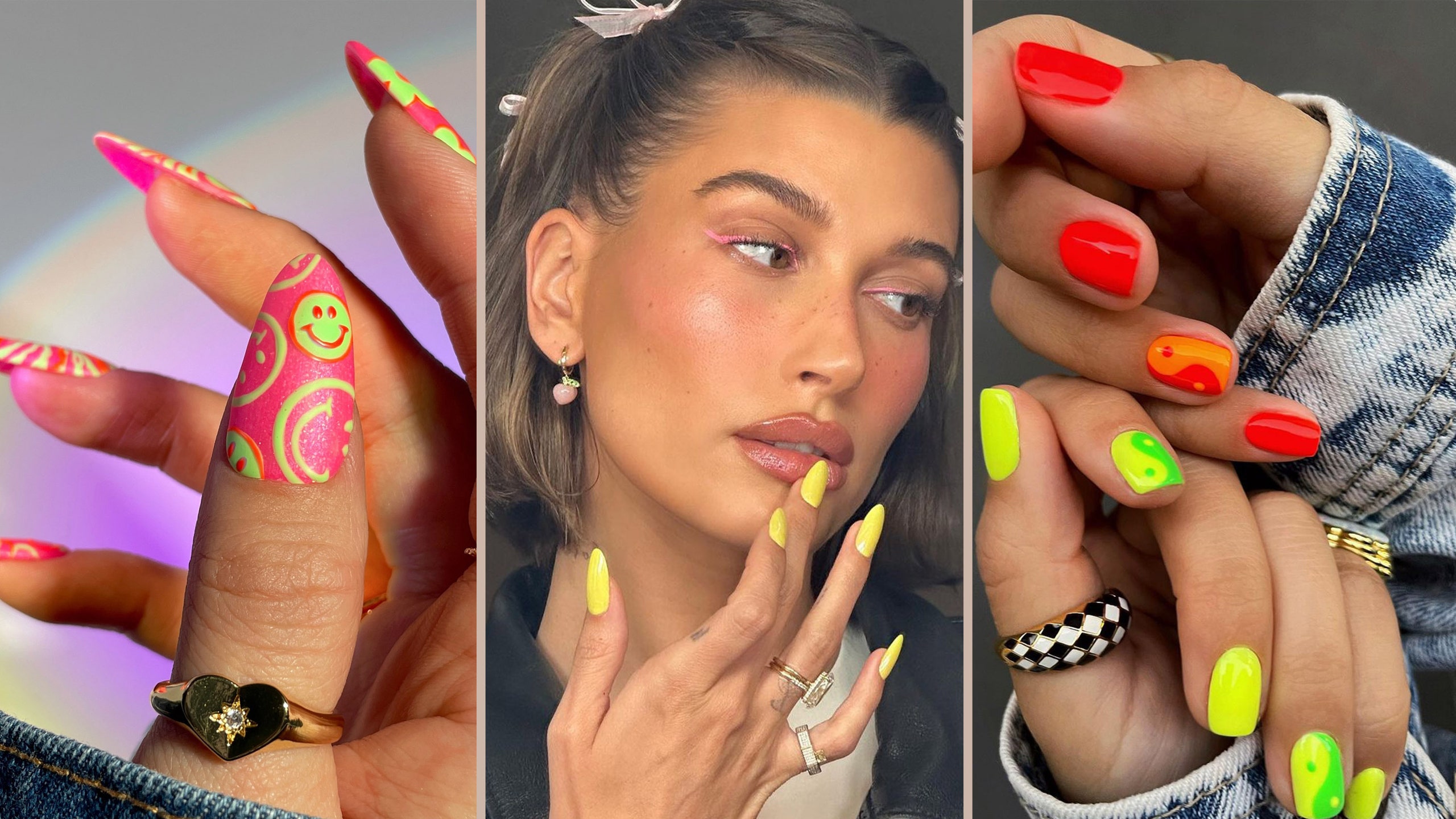 Three side by side images of neon nail ideas