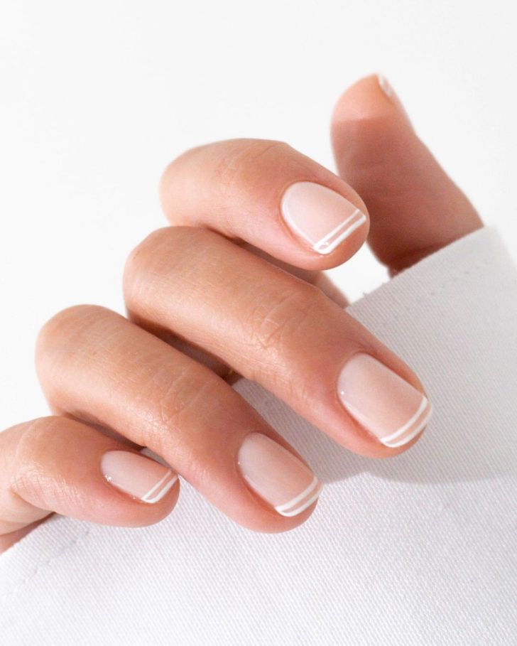 simple short double french tip white bridal wedding nail ideas