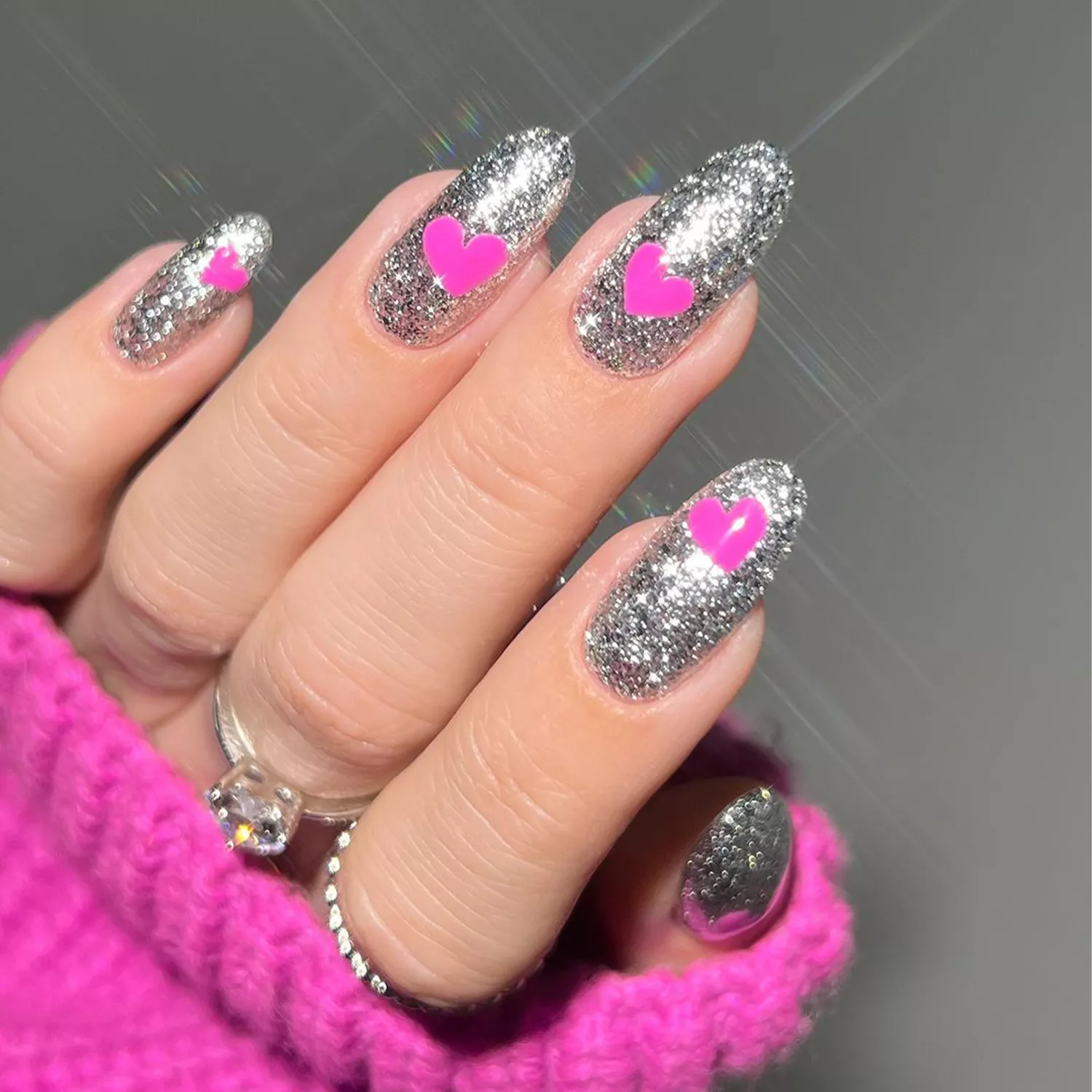 pink and silver heart nails