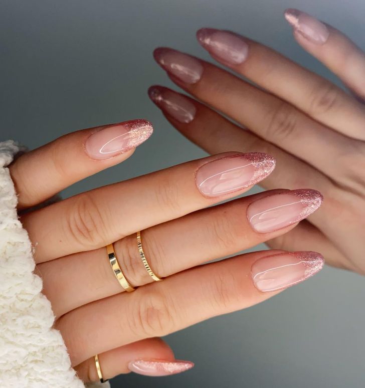 glitter rose gold french tip new years nail designs and ideas