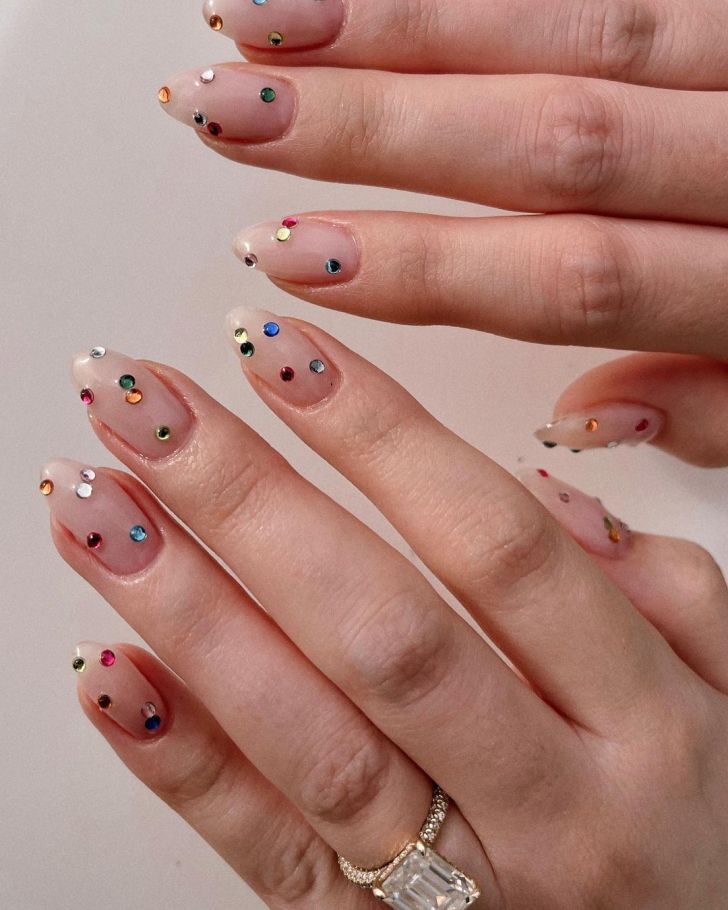 almond shaped simple rainbow rhinestone new years nails