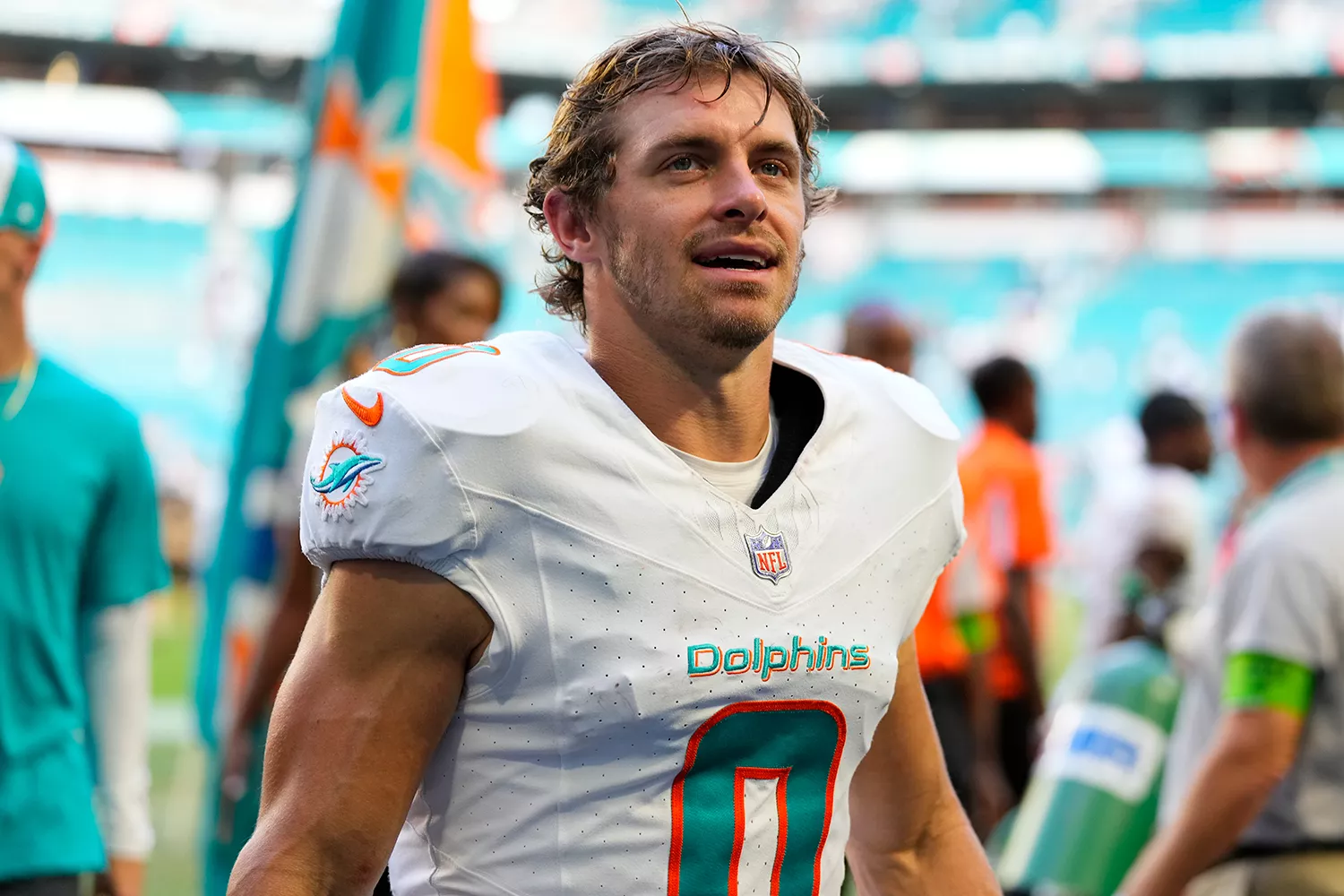 Braxton Berrios #0 of the Miami Dolphins leaves the field after defeating the Carolina Panthers at Hard Rock Stadium on October 15, 2023 in Miami Gardens, Florida.