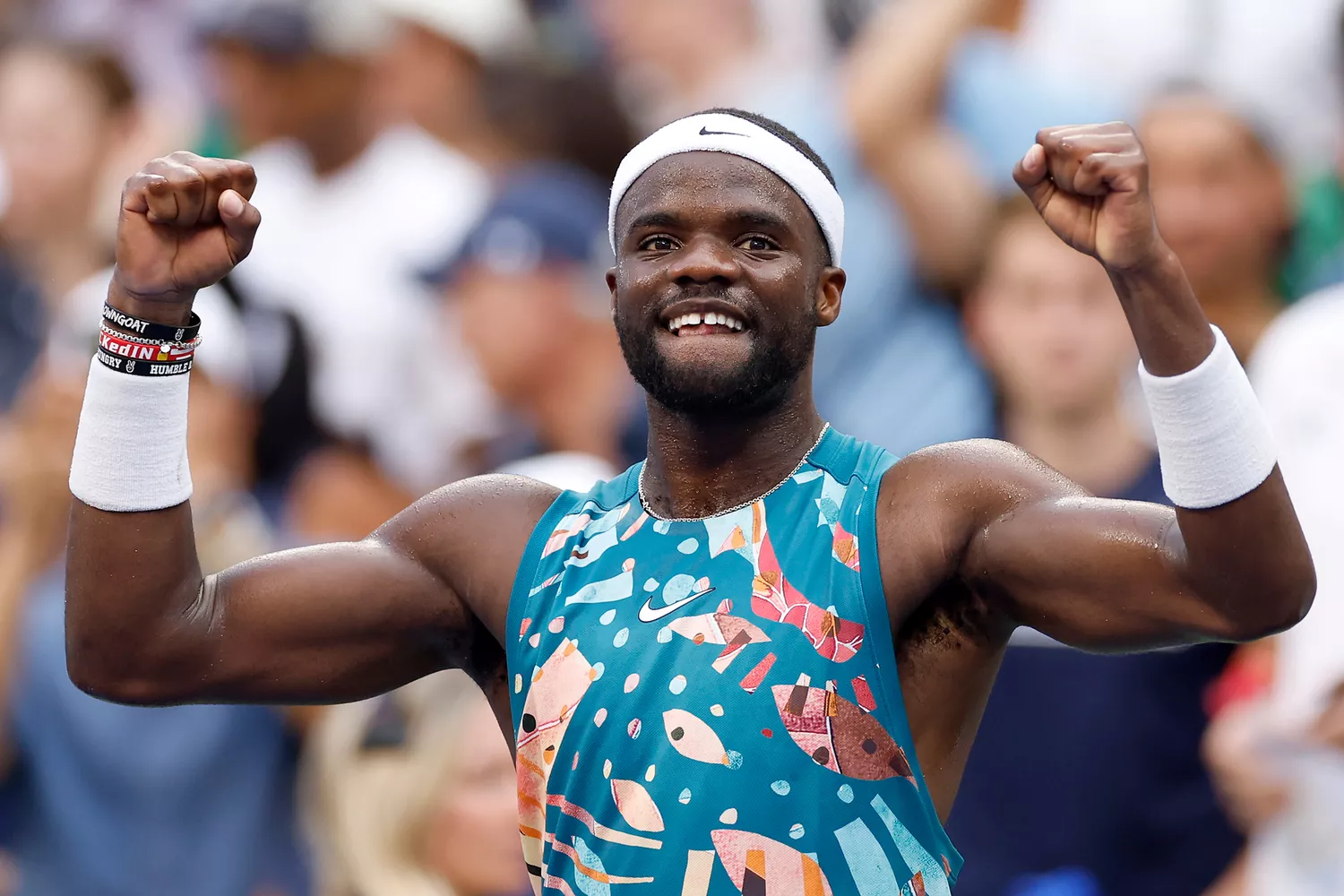 Frances Tiafoe of the United States celebrates match point to defeat Rinky Hijikata of Australia during their Men's Singles Fourth Round match on Day Seven of the 2023 US Open at the USTA Billie Jean King National Tennis Center on September 03, 2023 in the Flushing neighborhood of the Queens borough of New York City. 