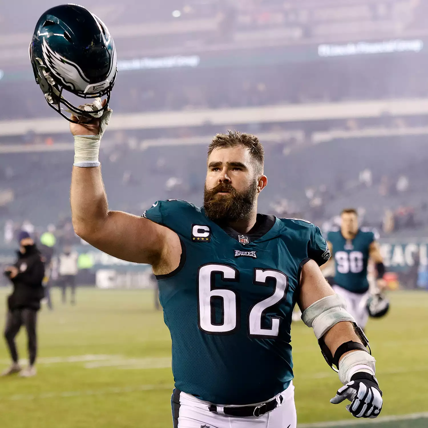 Jason Kelce #62 of the Philadelphia Eagles walks off the field after defeating the Washington Football Team at Lincoln Financial Field on December 21, 2021 in Philadelphia, Pennsylvania. 