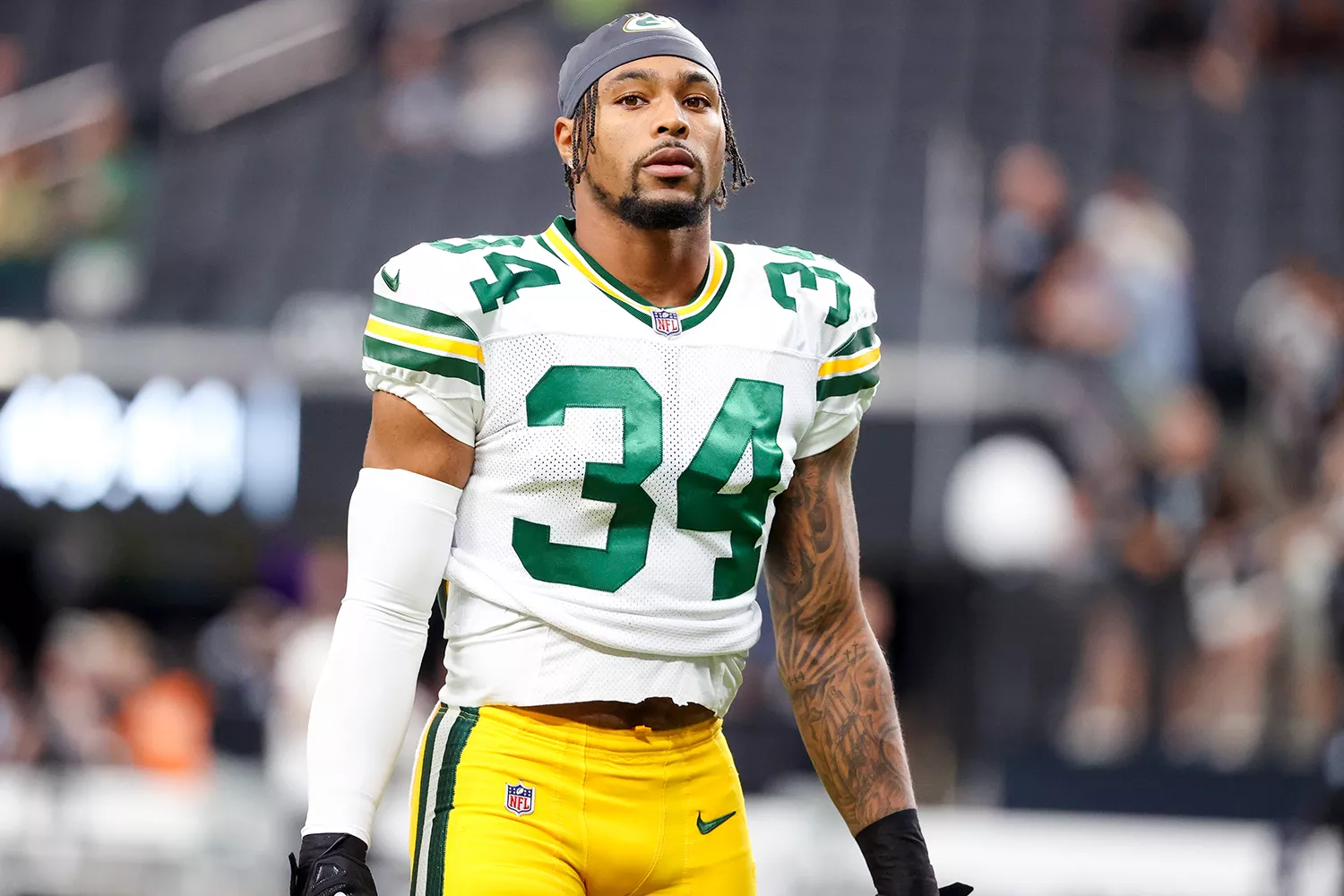 Jonathan Owens #34 of the Green Bay Packers looks on prior to a game against the Las Vegas Raiders at Allegiant Stadium on October 09, 2023 in Las Vegas, Nevada.