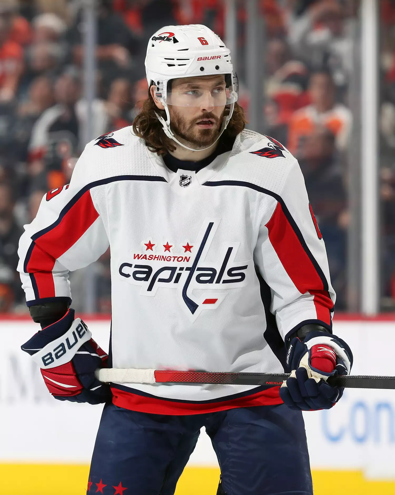 Michal Kempny #6 of the Washington Capitals looks on against the Philadelphia Flyers at the Wells Fargo Center on February 26, 2022 in Philadelphia, Pennsylvania