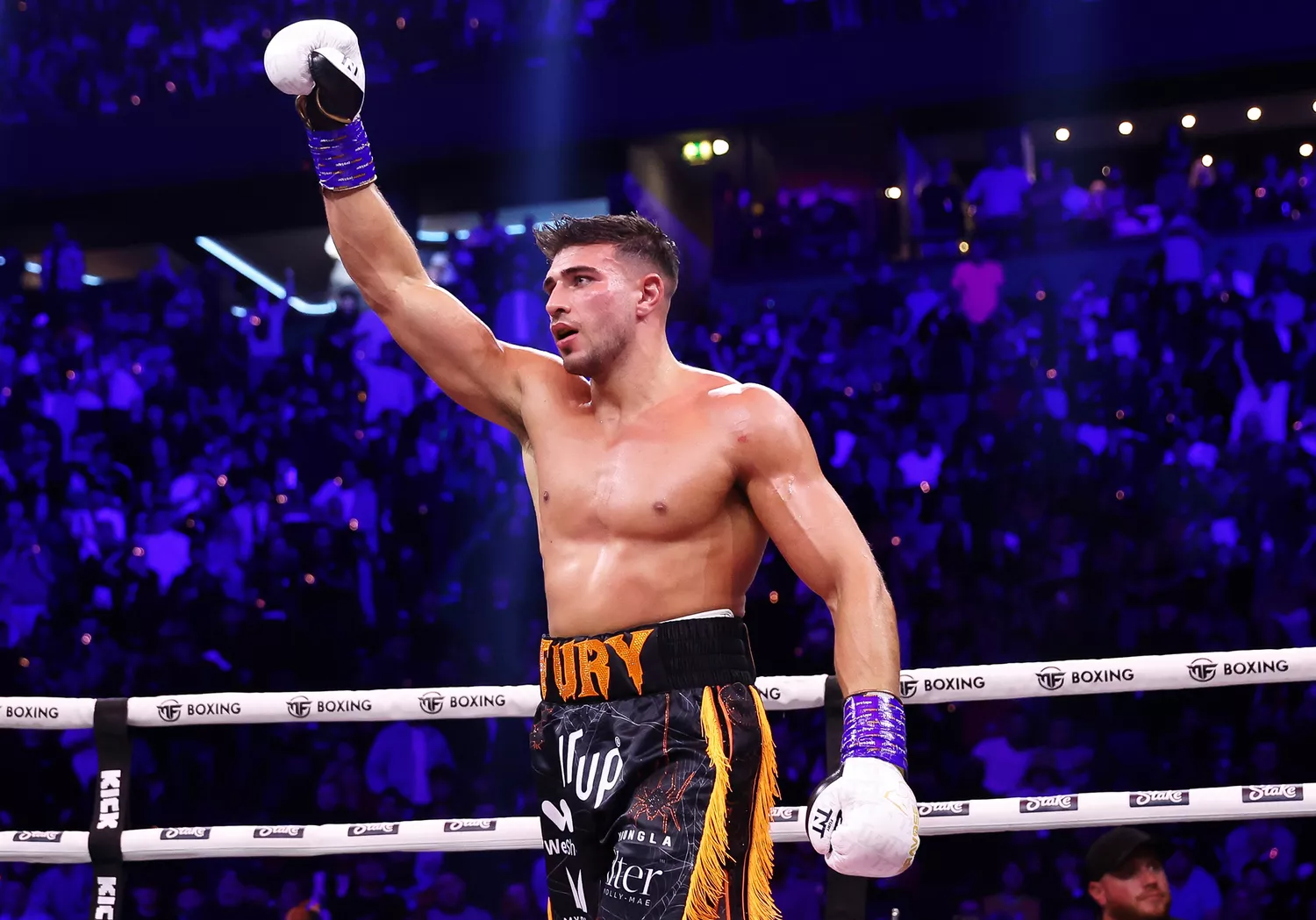 Tommy Fury celebrates victory during the Misfits Cruiserweight fight between KSI (Olajide Olayinka Williams) and Tommy Fury at AO Arena on October 14, 2023 in Manchester, England.