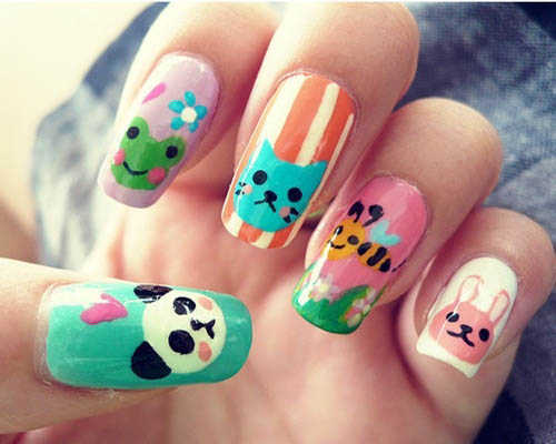 Cute Faced Animal Nail Art Design