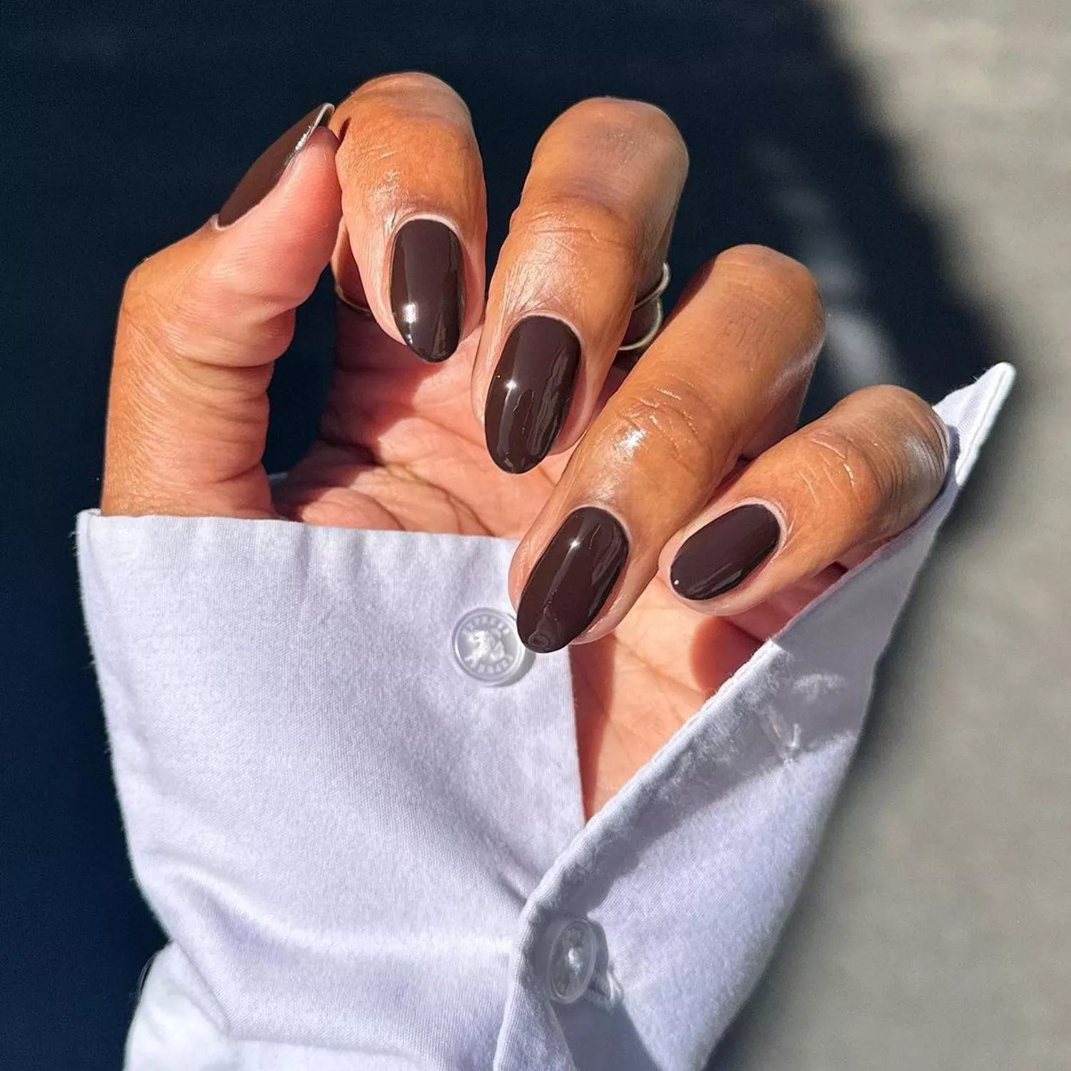 Glossy Brown Nails - Byrdie Dark Nail Ideas